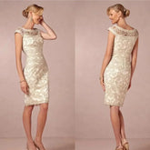 New Exquisite Mother of the Bride Dresses Lace Mother Gowns Knee Length Cap Sleeves Sheath Jewel Neck Wedding Party Gowns